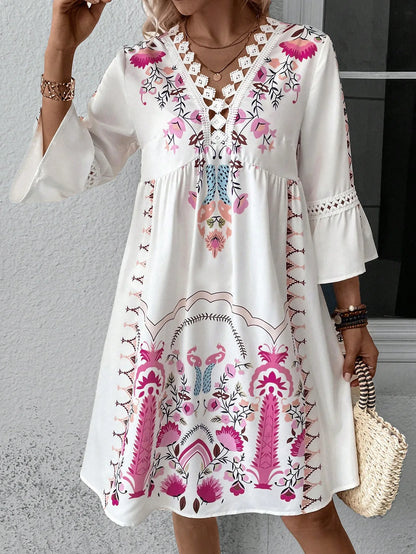 CD | 2025 Doamnelor rochie de vară de vacanță V-Neck maneca lunga florale imprimare plaja rochii de partid Sexy Mini haine pentru femei Vestidos