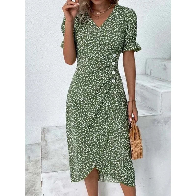 CD | Rochie midi elegantă plisată floral cu mâneci bufante și decolteu în V