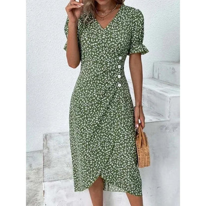 CD | Rochie midi elegantă plisată floral cu mâneci bufante și decolteu în V