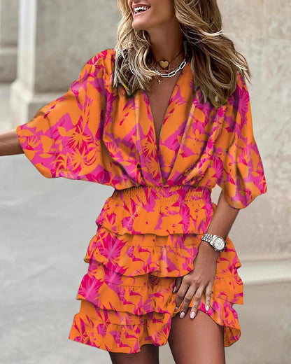 CD | Ladies casual V-neck rochie mini cu mâneci batwing și tiv volan pentru vara și ocazii de petrecere