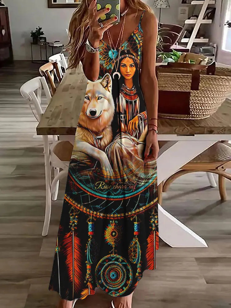 CD | 2024 New 3D Owl Vintage Print Sleeveless Vest Long Women Tribal Pattern Spaghetti Strap Dress Summer Long Loose Vest Dresses