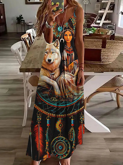 CD | 2024 New 3D Owl Vintage Print Sleeveless Vest Long Women Tribal Pattern Spaghetti Strap Dress Summer Long Loose Vest Dresses