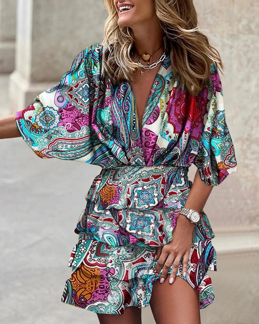 CD | Ladies casual V-neck rochie mini cu mâneci batwing și tiv volan pentru vara și ocazii de petrecere