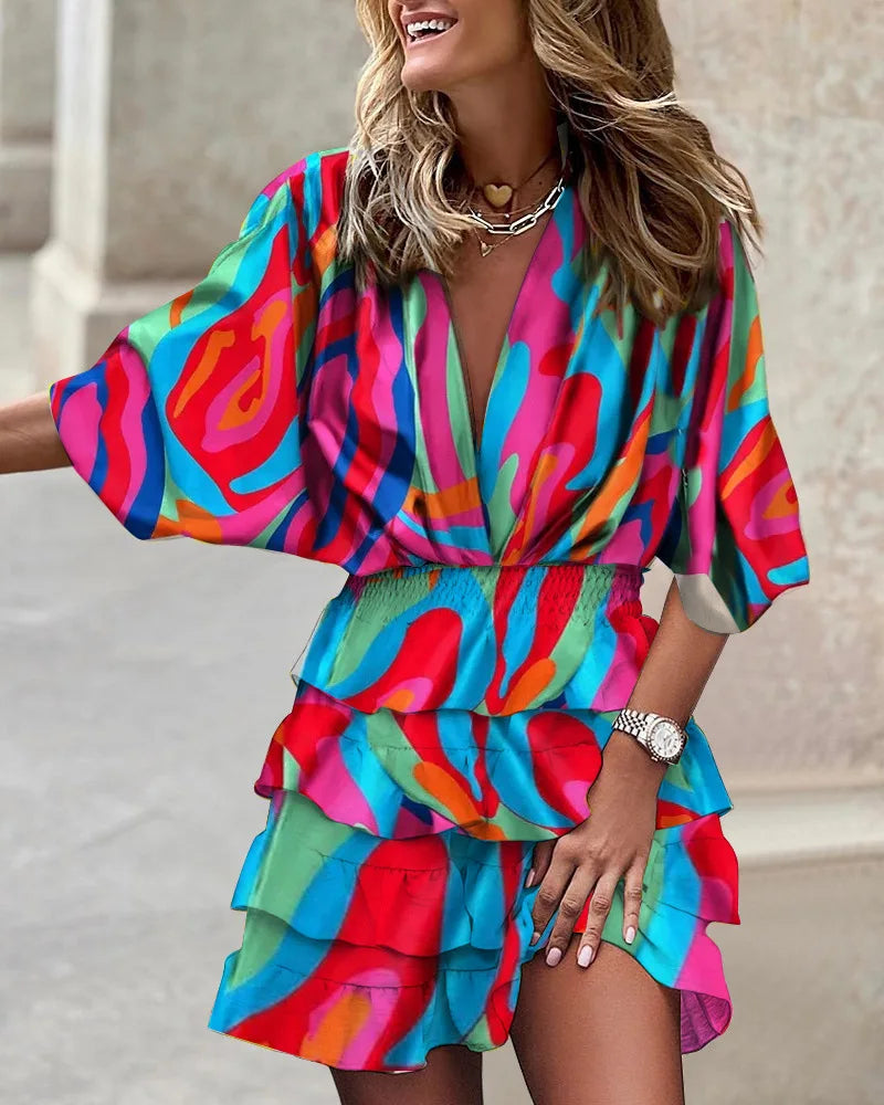 CD | Ladies casual V-neck rochie mini cu mâneci batwing și tiv volan pentru vara și ocazii de petrecere