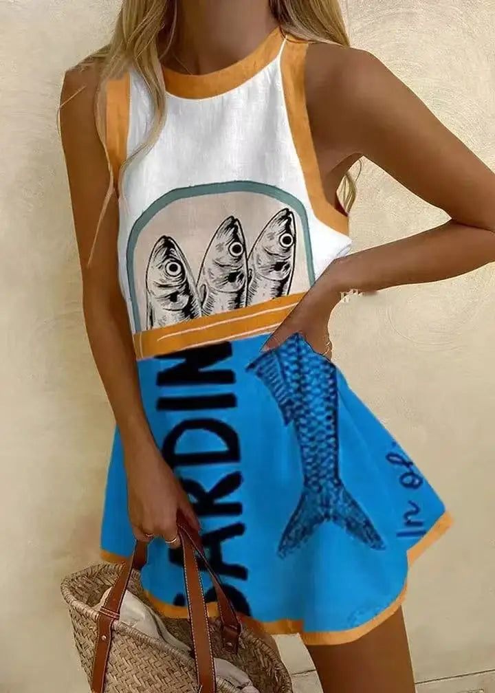 CD | Femei Puzzle imprimare rochie de vară fără mâneci peste genunchi Mini rochie Casual Tank Top rochie de plajă pentru femei