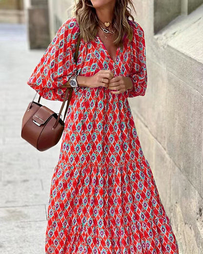 CD | respirabil Lantern Sleeve florale imprimare rochie lungă vrac V-Neck moda vara plaja rochie