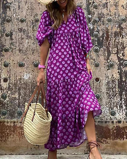 CD | respirabil Lantern Sleeve florale imprimare rochie lungă vrac V-Neck moda vara plaja rochie