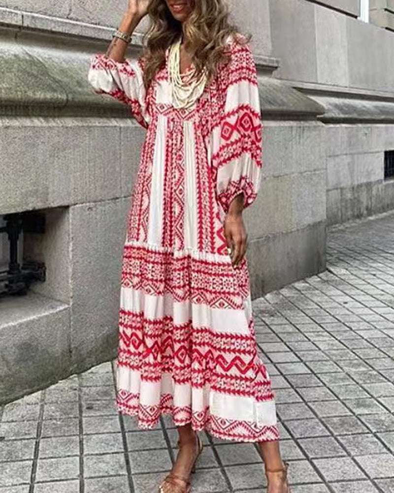 CD | respirabil Lantern Sleeve florale imprimare rochie lungă vrac V-Neck moda vara plaja rochie