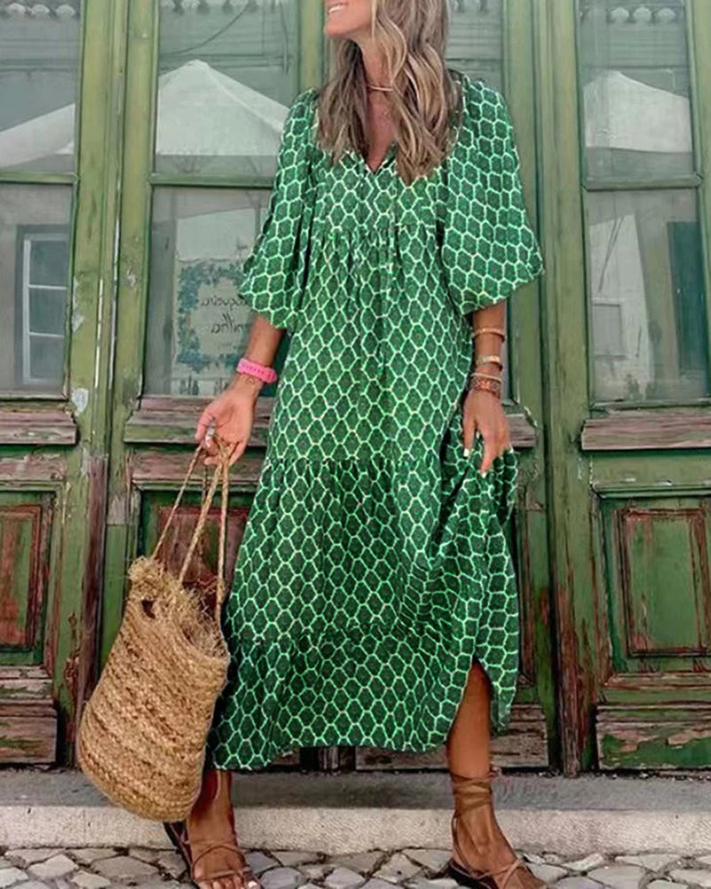CD | respirabil Lantern Sleeve florale imprimare rochie lungă vrac V-Neck moda vara plaja rochie