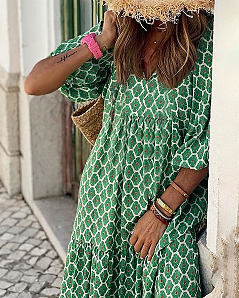CD | respirabil Lantern Sleeve florale imprimare rochie lungă vrac V-Neck moda vara plaja rochie
