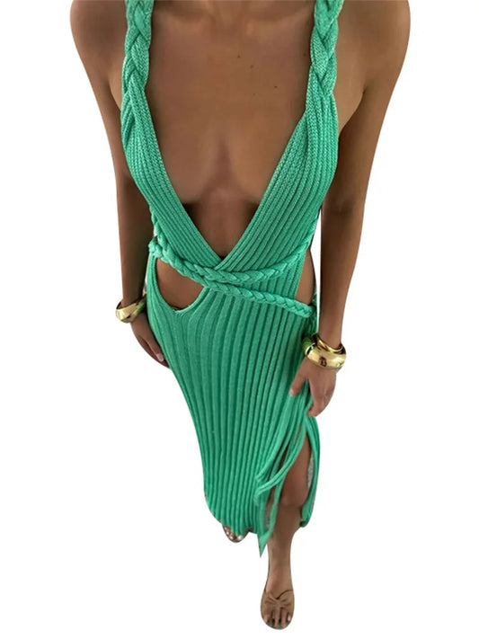 CD | Ladies verde rochie maxi tricot cu fantă mare backless V-neck pentru petrecere de plajă de vară și ieșind