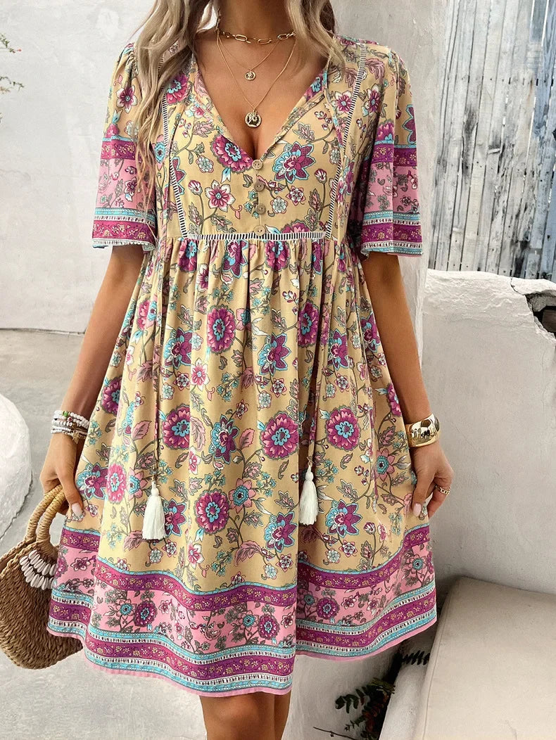 CD | Ariana™ Rochie mini boho din flori cu decolteu în V