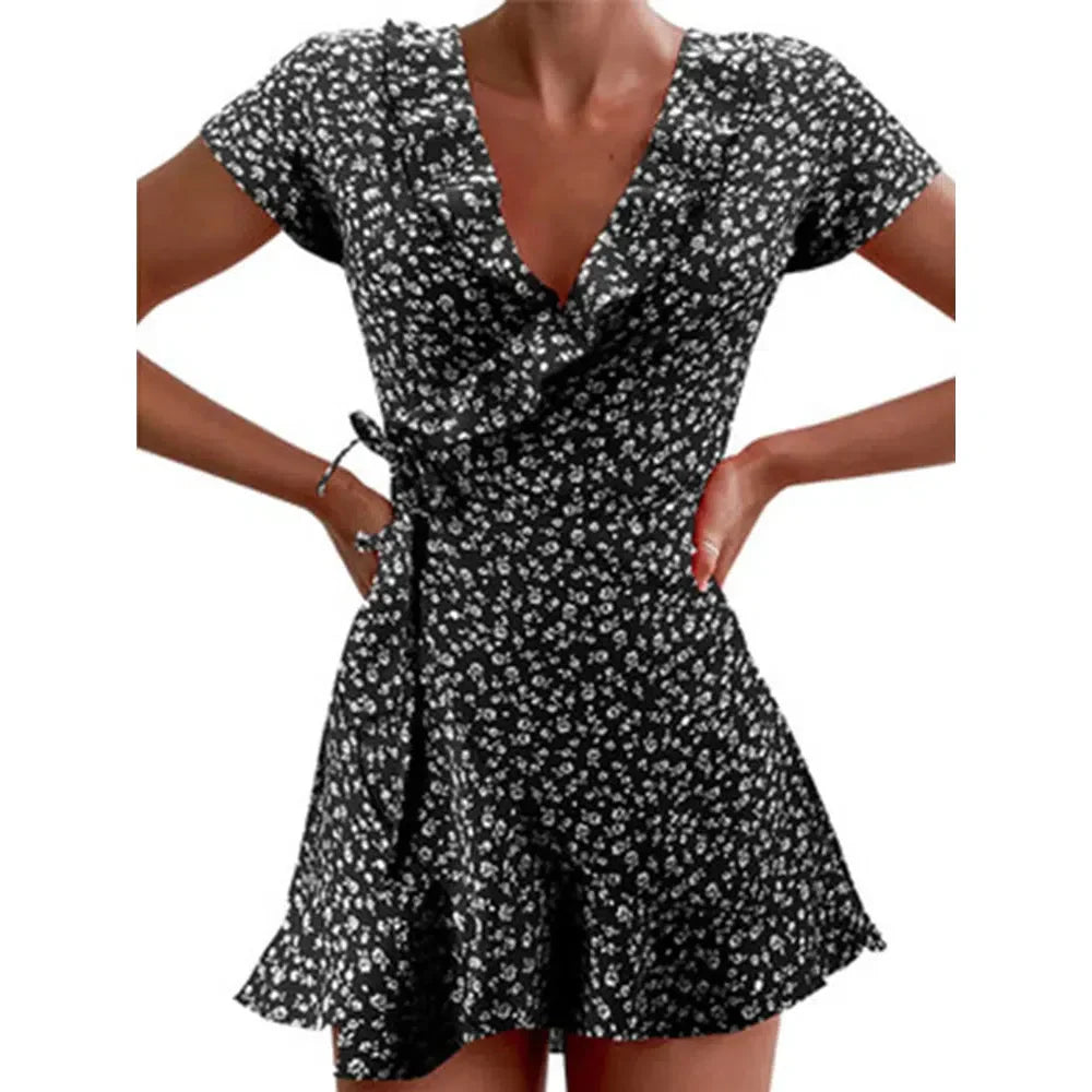 CD | Vara doamnelor florale A-Line rochie Elegant Ruched V-Neck Mini rochie