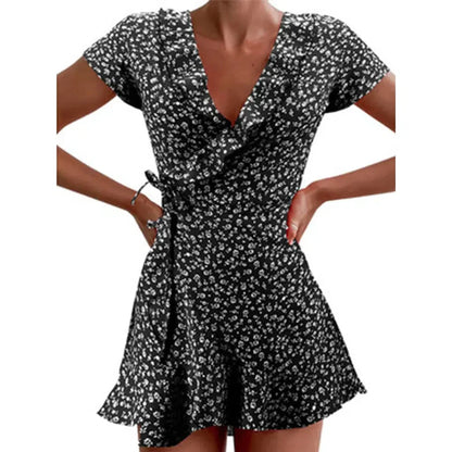 CD | Vara doamnelor florale A-Line rochie Elegant Ruched V-Neck Mini rochie