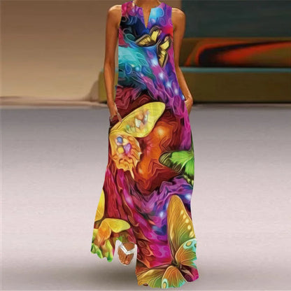 CD | Fresh florale imprimare de vară gât deschis rochie lungă V-Neck fără mâneci rochie de plajă cu buzunare