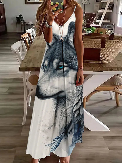 CD | 2024 New 3D Owl Vintage Print Sleeveless Vest Long Women Tribal Pattern Spaghetti Strap Dress Summer Long Loose Vest Dresses