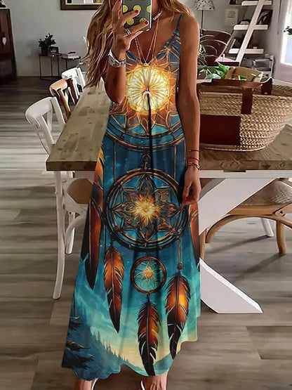 CD | 2024 New 3D Owl Vintage Print Sleeveless Vest Long Women Tribal Pattern Spaghetti Strap Dress Summer Long Loose Vest Dresses