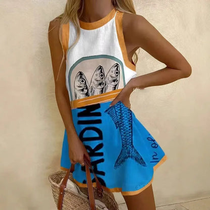 CD | Femei Puzzle imprimare rochie de vară fără mâneci peste genunchi Mini rochie Casual Tank Top rochie de plajă pentru femei