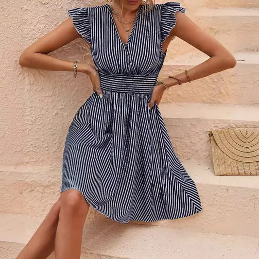 CD | Rochie de vară pentru femei cu dungi și mâneci fluture Mini rochie de vacanță la modă în stil european