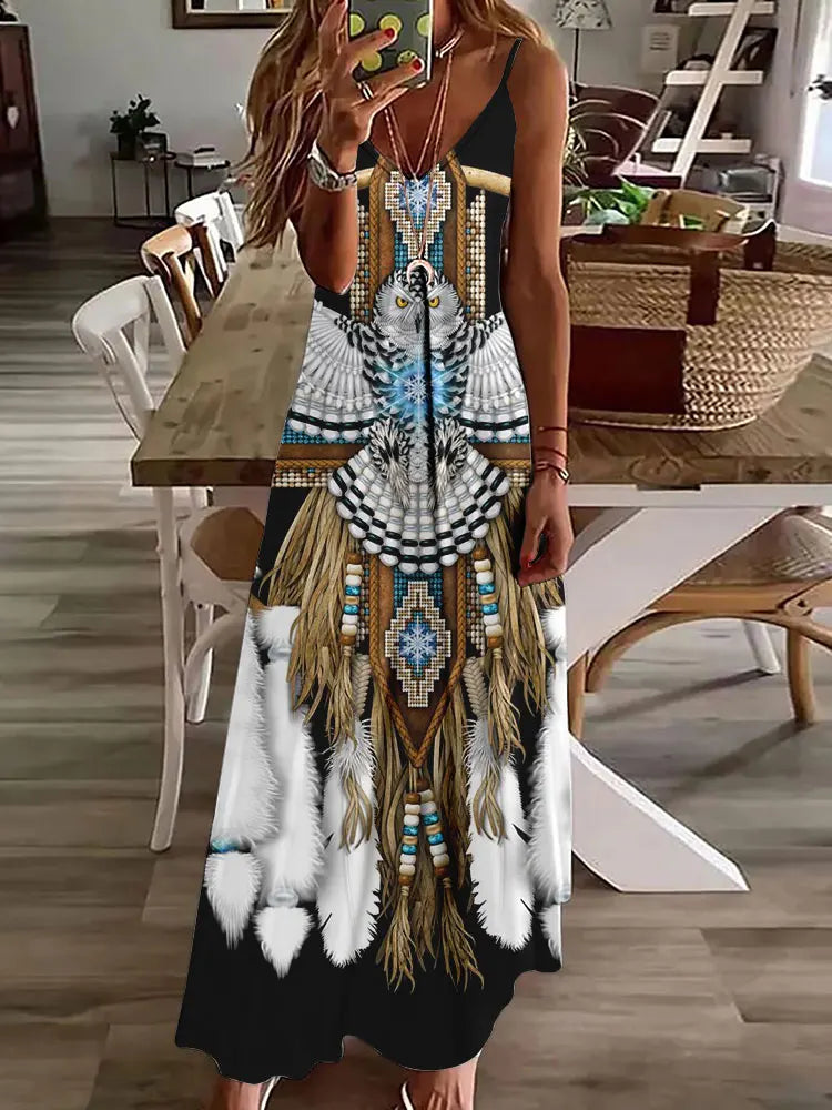CD | 2024 New 3D Owl Vintage Print Sleeveless Vest Long Women Tribal Pattern Spaghetti Strap Dress Summer Long Loose Vest Dresses