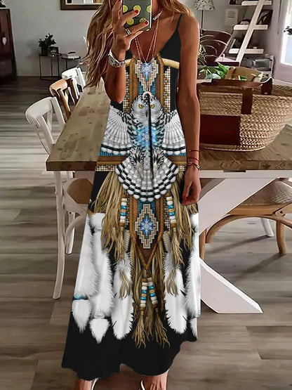 CD | 2024 New 3D Owl Vintage Print Sleeveless Vest Long Women Tribal Pattern Spaghetti Strap Dress Summer Long Loose Vest Dresses