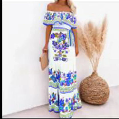 CD | Primăvară vară Rochie maxi fără umăr cu imprimeu floral roșu Fără mâneci Ținută lejeră tiv lat pentru petreceri și purtare casual