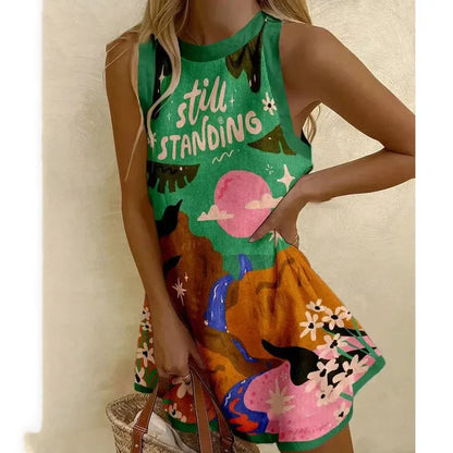 CD | Femei Puzzle imprimare rochie de vară fără mâneci peste genunchi Mini rochie Casual Tank Top rochie de plajă pentru femei