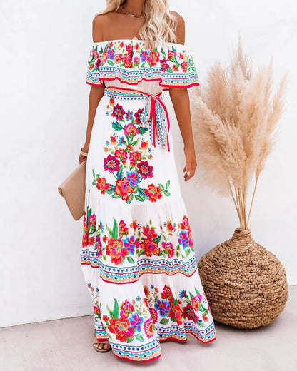 CD | Primăvară vară Rochie maxi fără umăr cu imprimeu floral roșu Fără mâneci Ținută lejeră tiv lat pentru petreceri și purtare casual