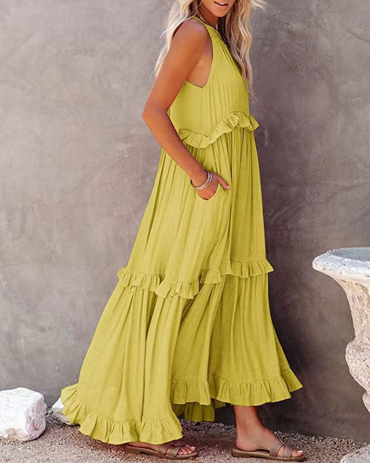 CD | Rochie maxi pentru femei - Ținută relaxată - Gât tip halter - Detaliu cu volane - Fibre naturale