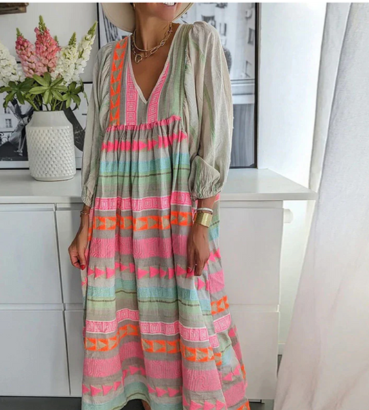 CD | Rochie maxi pentru femei - Ținută relaxată - Decolteu în V - Mâneci lungi - Stil boem - Amestec respirabil