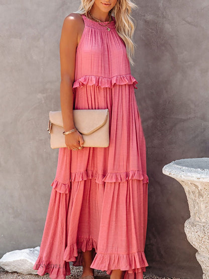 CD | Rochie maxi pentru femei - Ținută relaxată - Gât tip halter - Detaliu cu volane - Fibre naturale