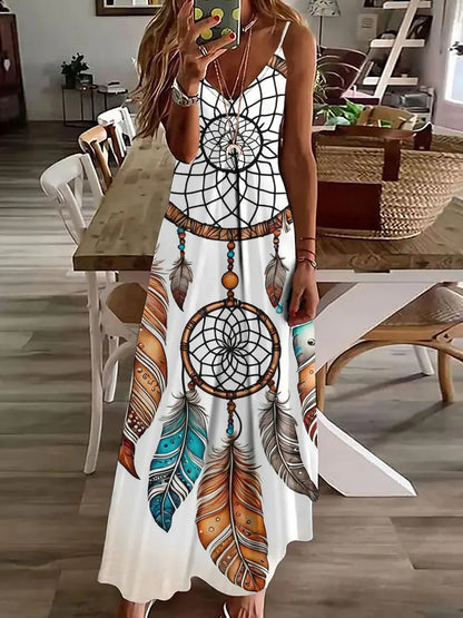 CD | 2024 New 3D Owl Vintage Print Sleeveless Vest Long Women Tribal Pattern Spaghetti Strap Dress Summer Long Loose Vest Dresses