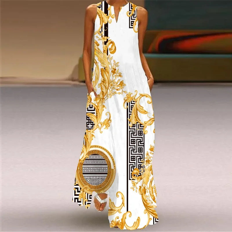 CD | Fresh florale imprimare de vară gât deschis rochie lungă V-Neck fără mâneci rochie de plajă cu buzunare