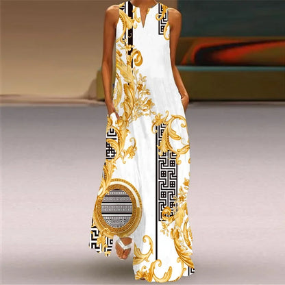 CD | Fresh florale imprimare de vară gât deschis rochie lungă V-Neck fără mâneci rochie de plajă cu buzunare