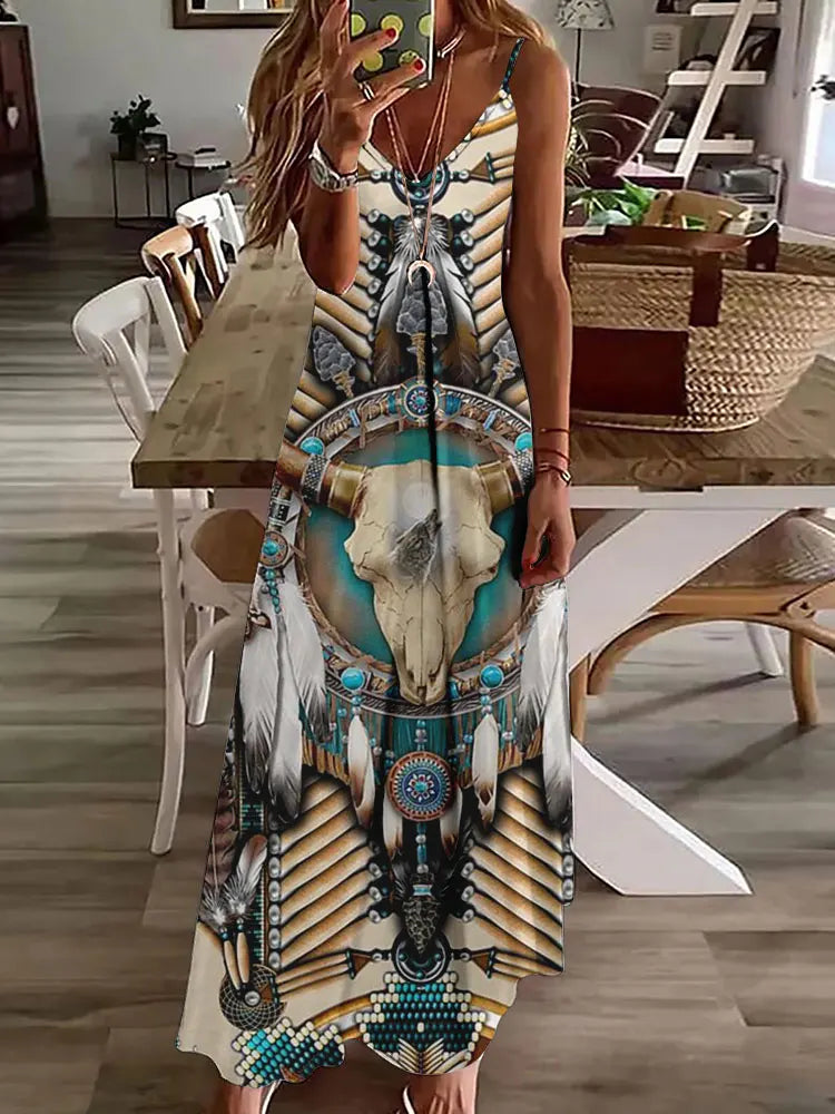 CD | 2024 New 3D Owl Vintage Print Sleeveless Vest Long Women Tribal Pattern Spaghetti Strap Dress Summer Long Loose Vest Dresses
