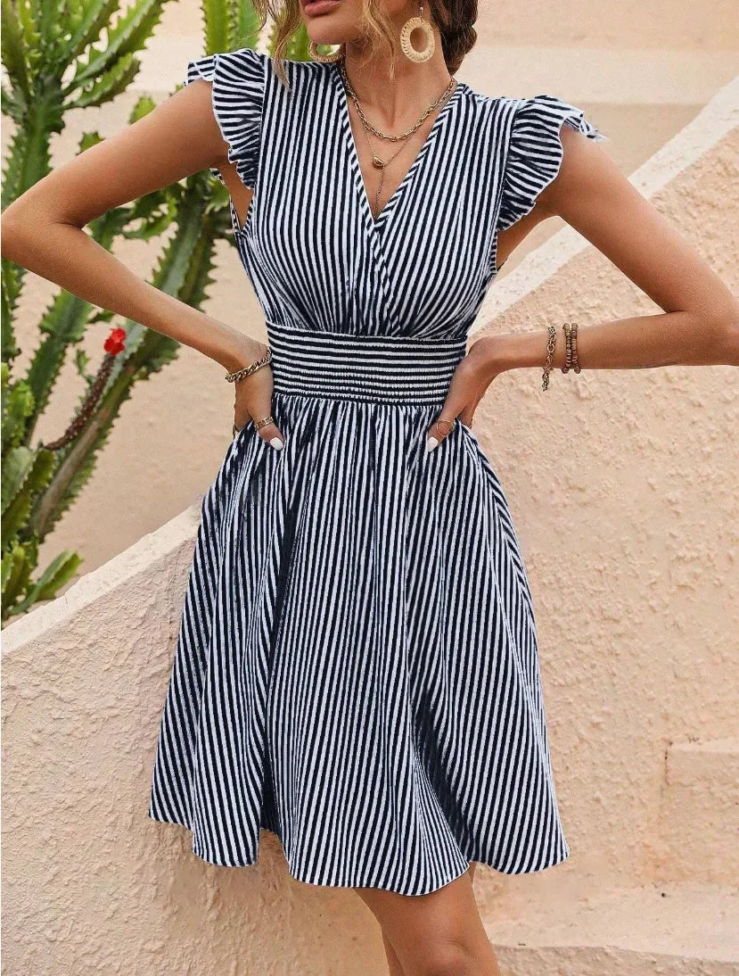 CD | Rochie de vară pentru femei cu dungi și mâneci fluture Mini rochie de vacanță la modă în stil european