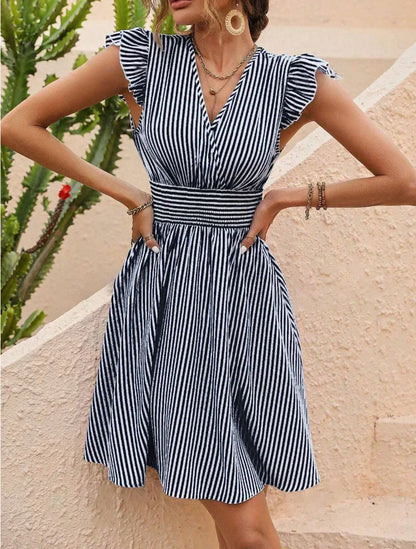 CD | Rochie de vară pentru femei cu dungi și mâneci fluture Mini rochie de vacanță la modă în stil european