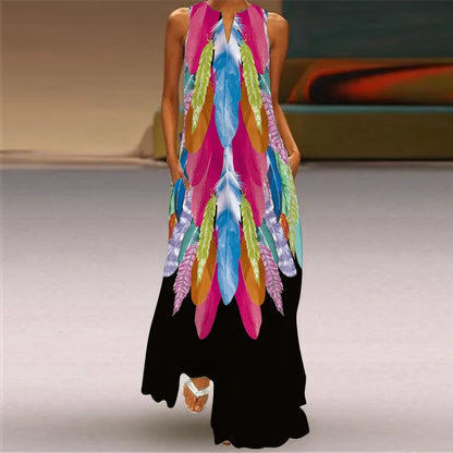 CD | Fresh florale imprimare de vară gât deschis rochie lungă V-Neck fără mâneci rochie de plajă cu buzunare