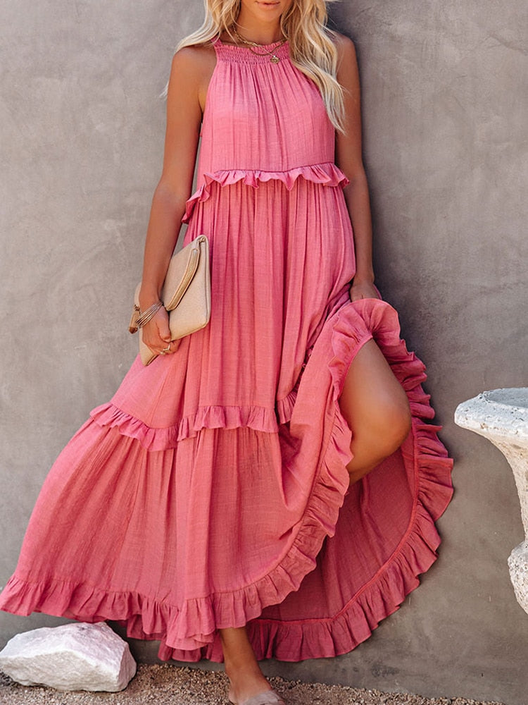 CD | Rochie maxi pentru femei - Ținută relaxată - Gât tip halter - Detaliu cu volane - Fibre naturale