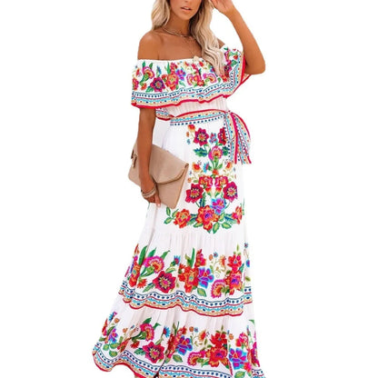 CD | Primăvară vară Rochie maxi fără umăr cu imprimeu floral roșu Fără mâneci Ținută lejeră tiv lat pentru petreceri și purtare casual