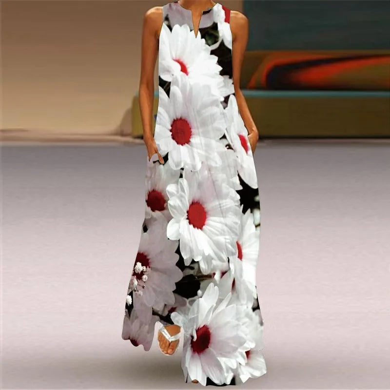 CD | Fresh florale imprimare de vară gât deschis rochie lungă V-Neck fără mâneci rochie de plajă cu buzunare