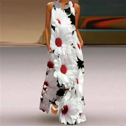 CD | Fresh florale imprimare de vară gât deschis rochie lungă V-Neck fără mâneci rochie de plajă cu buzunare