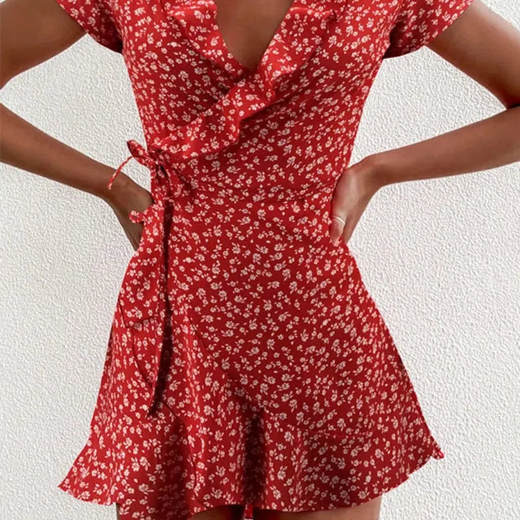 CD | Vara doamnelor florale A-Line rochie Elegant Ruched V-Neck Mini rochie