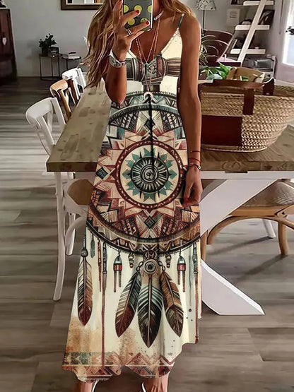 CD | 2024 New 3D Owl Vintage Print Sleeveless Vest Long Women Tribal Pattern Spaghetti Strap Dress Summer Long Loose Vest Dresses