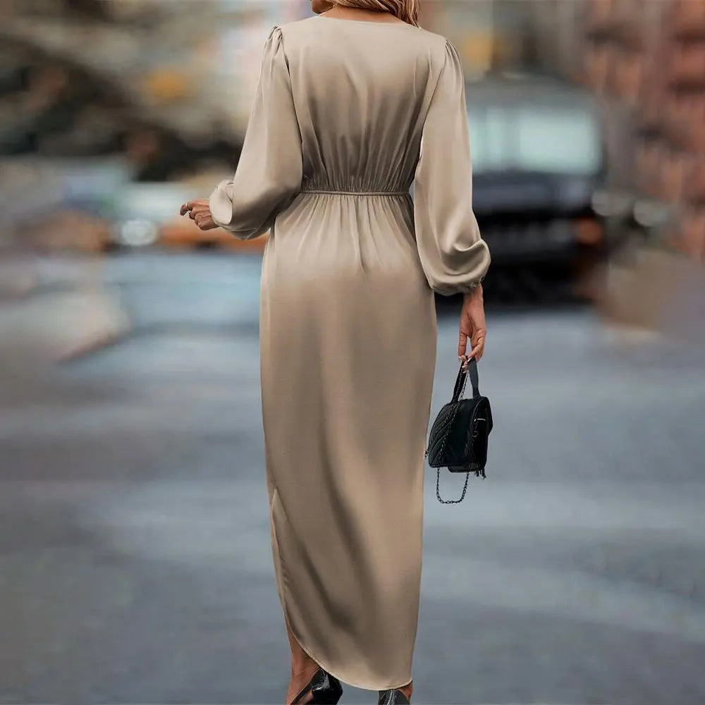 CD | femei rochie maxi satin solid drapat mătase V-neck mâneci lungi
