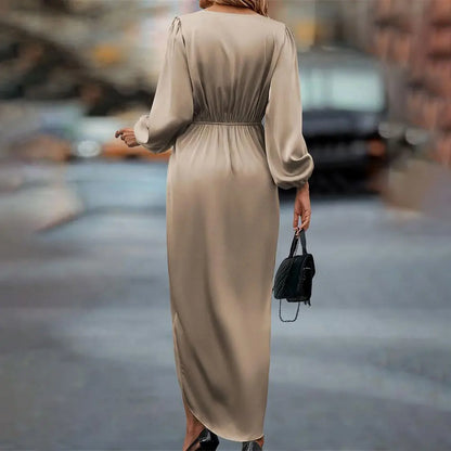 CD | femei rochie maxi satin solid drapat mătase V-neck mâneci lungi