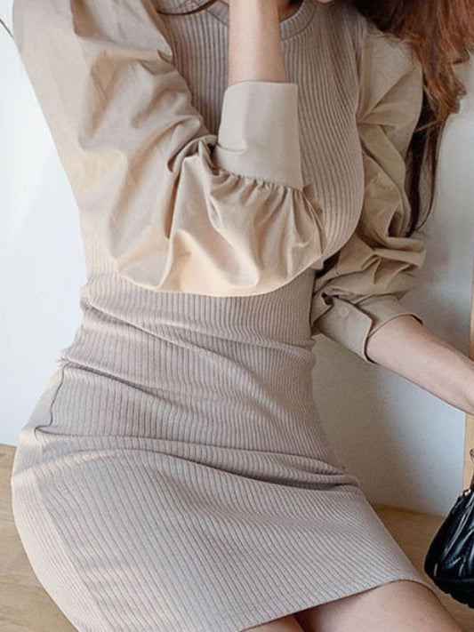 CD | Rochie midi tricotată cu mânecă lungă și patchwork