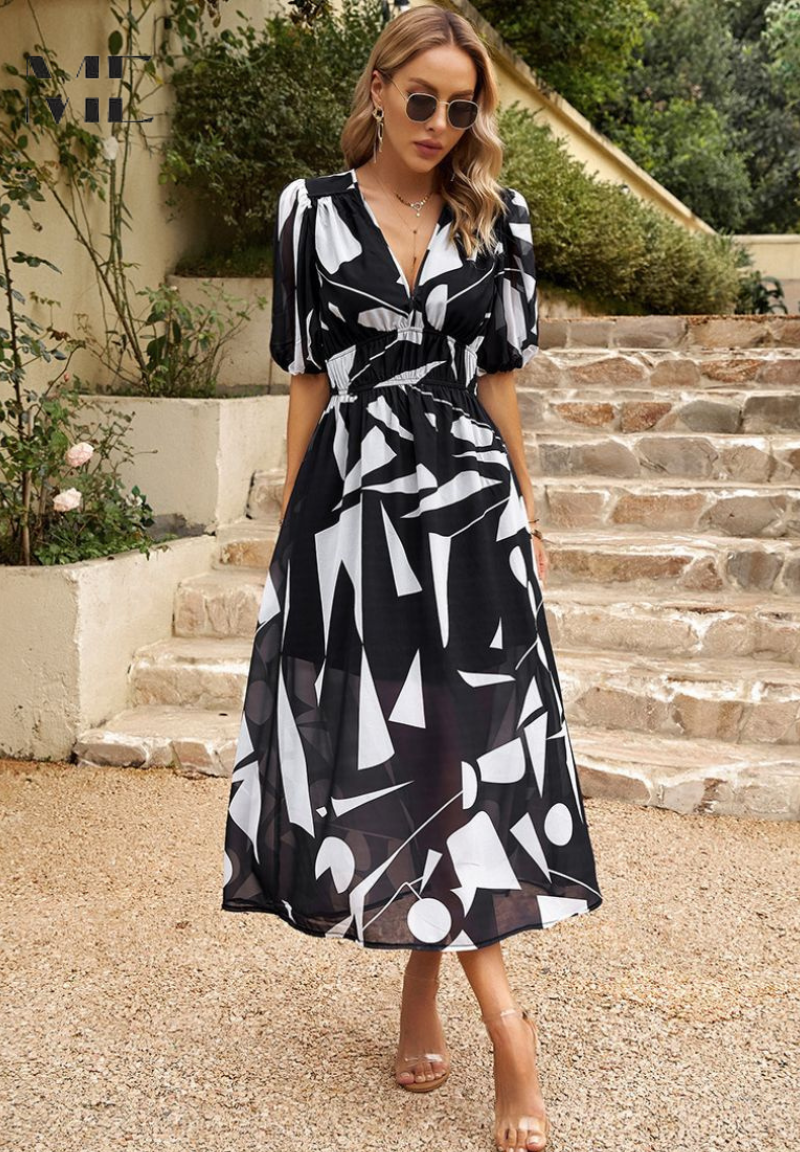 CD | Rochie midi florală elegantă cu mâneci bufante