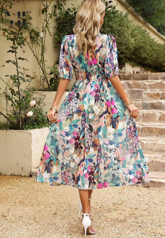 CD | Rochie midi florală elegantă cu mâneci bufante