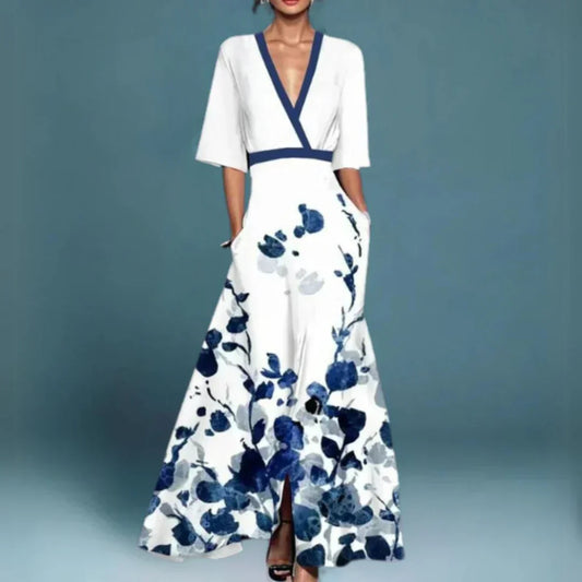 CD | Rochie maxi florală cu centură și decolteu în V
